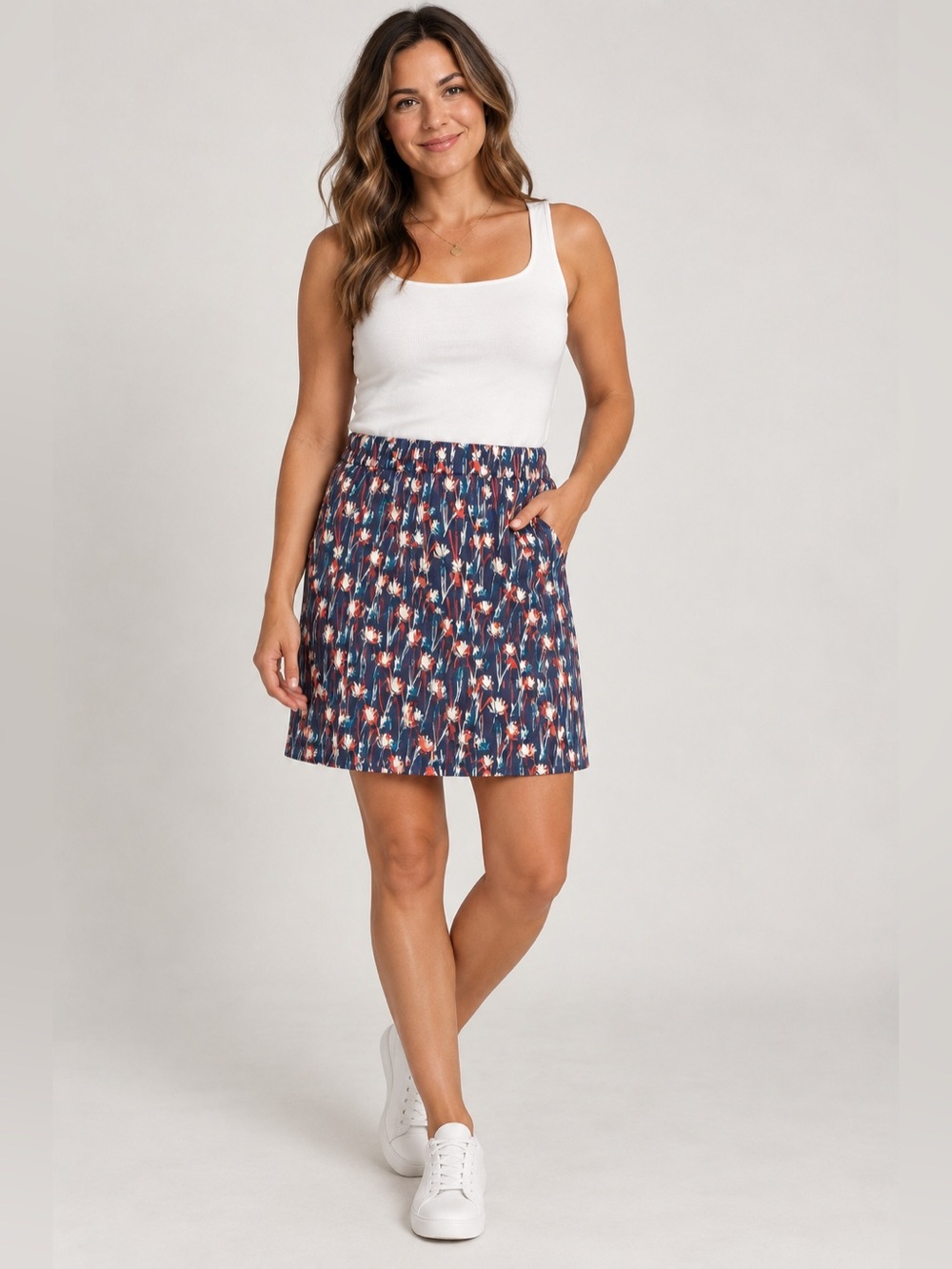 NorthStyle Women’s Size M Navy Floral Cotton Stretch Pull-On Skirt Pockets